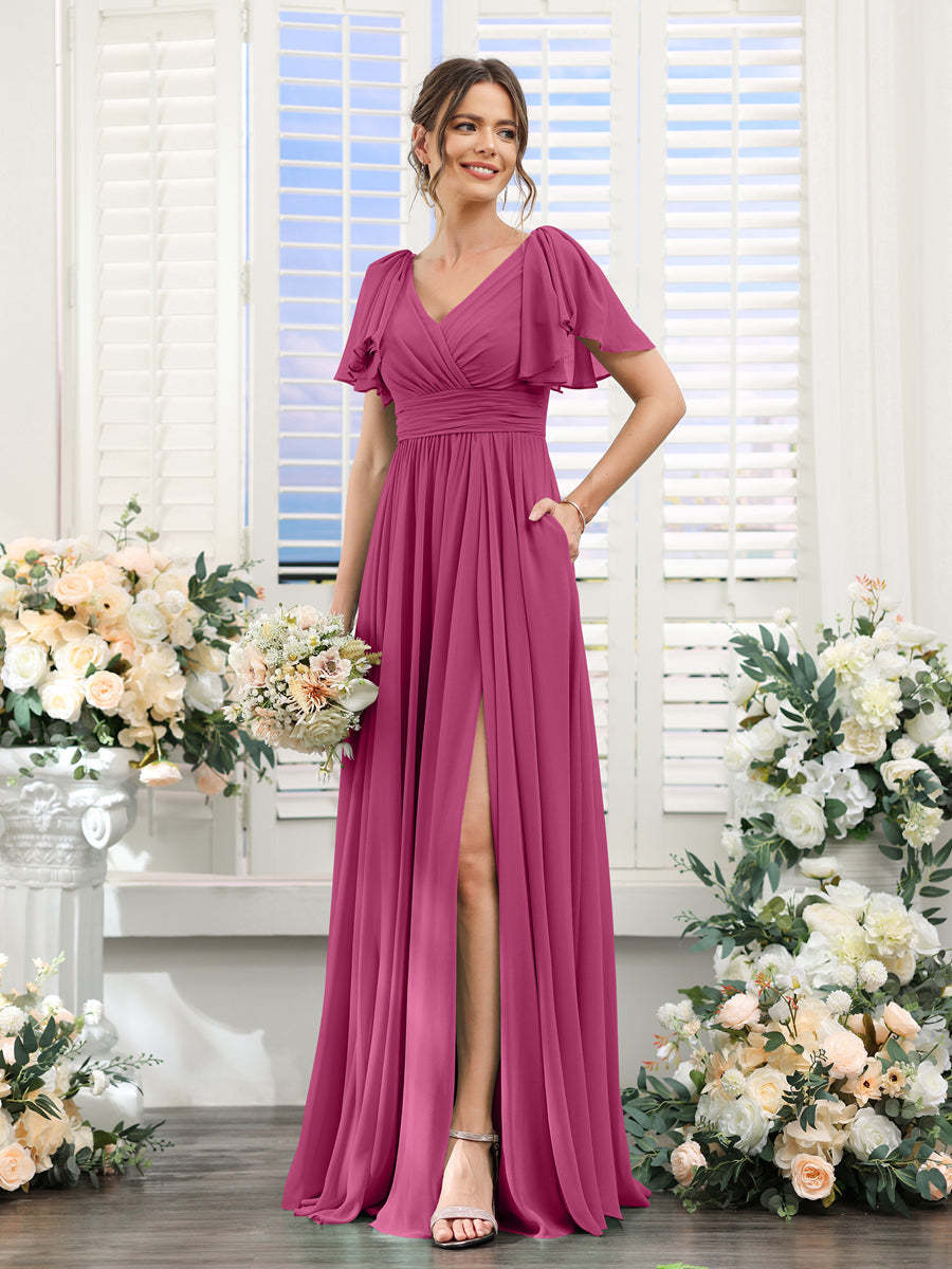 V-Neck A-Line Chiffon Bridesmaid Dress with Side Split and Pockets, Short Sleeves