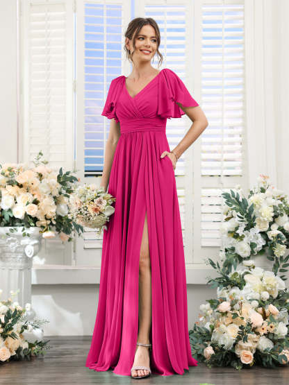 V-Neck A-Line Chiffon Bridesmaid Dress with Side Split and Pockets, Short Sleeves