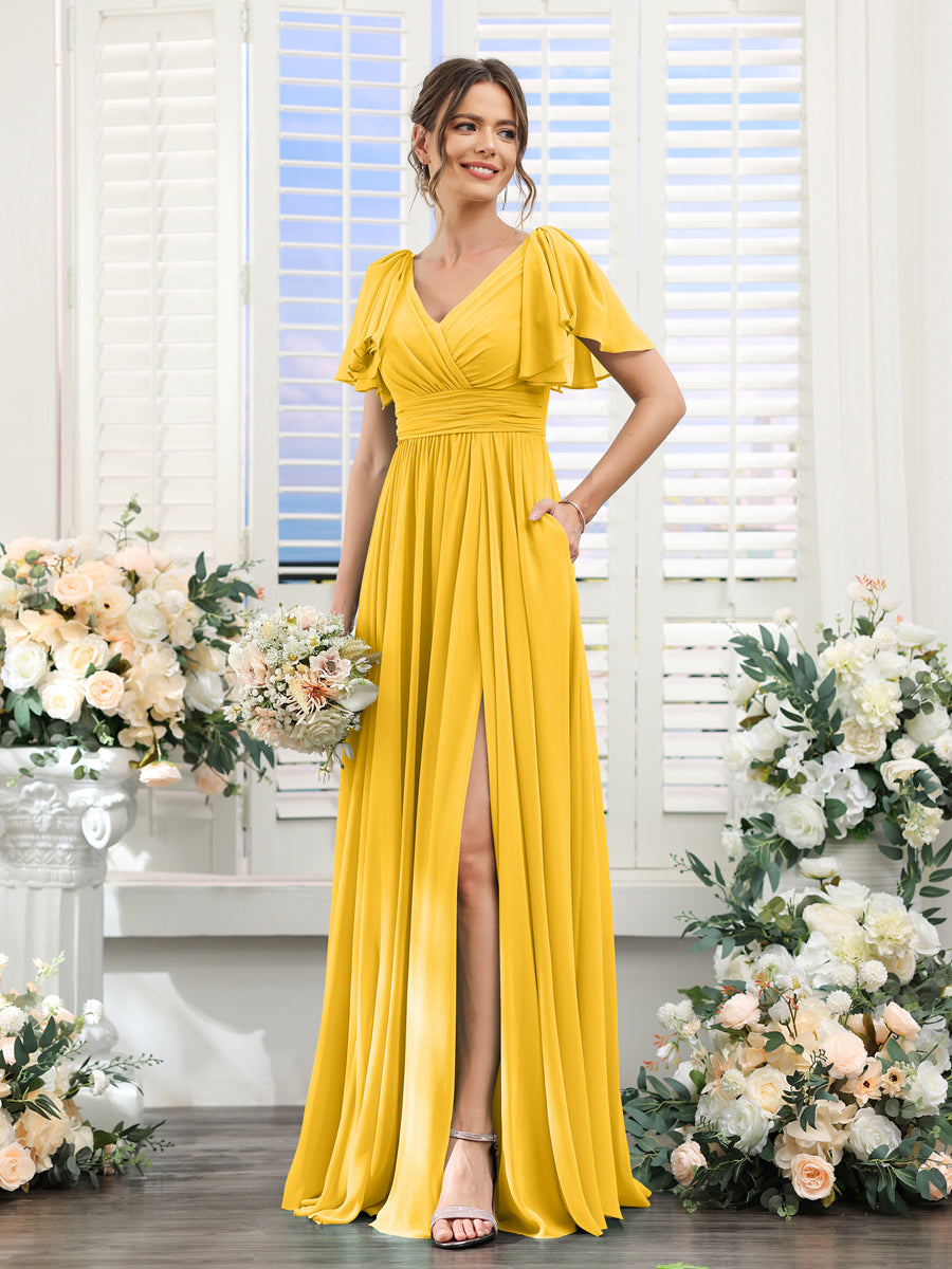 V-Neck A-Line Chiffon Bridesmaid Dress with Side Split and Pockets, Short Sleeves