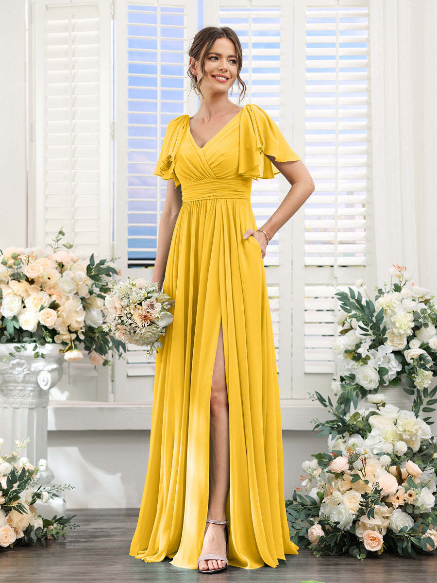 V-Neck A-Line Chiffon Bridesmaid Dress with Side Split and Pockets, Short Sleeves
