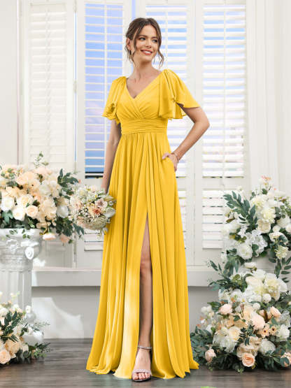 V-Neck A-Line Chiffon Bridesmaid Dress with Side Split and Pockets, Short Sleeves