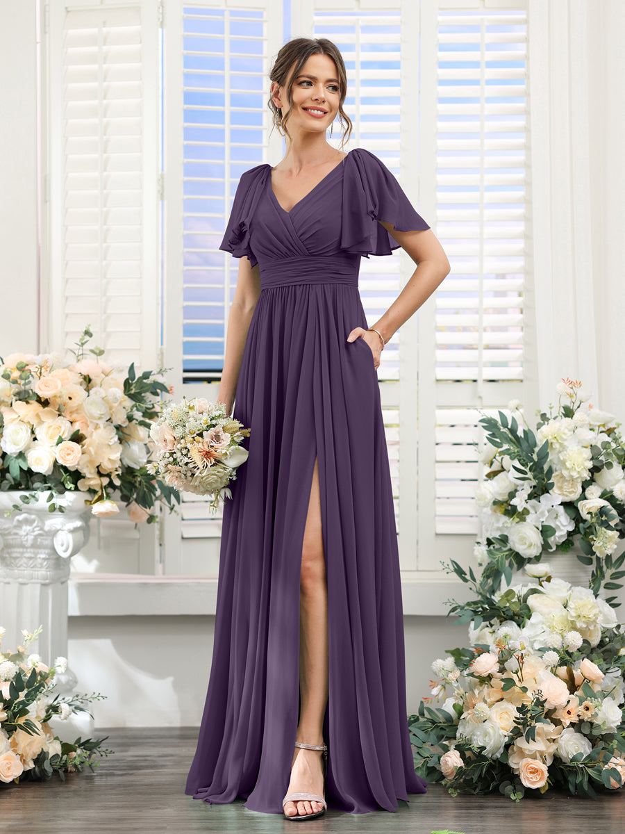 V-Neck A-Line Chiffon Bridesmaid Dress with Side Split and Pockets, Short Sleeves