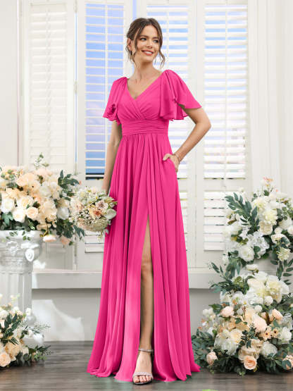 V-Neck A-Line Chiffon Bridesmaid Dress with Side Split and Pockets, Short Sleeves