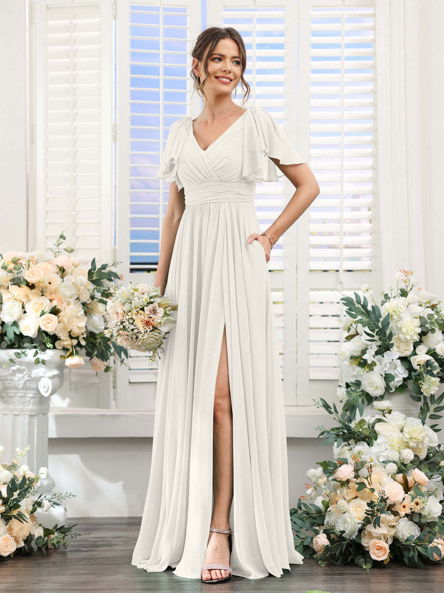 V-Neck A-Line Chiffon Bridesmaid Dress with Side Split and Pockets, Short Sleeves