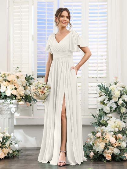 V-Neck A-Line Chiffon Bridesmaid Dress with Side Split and Pockets, Short Sleeves