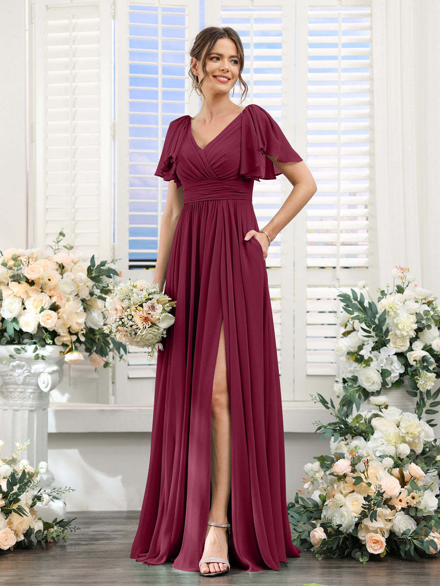 V-Neck A-Line Chiffon Bridesmaid Dress with Side Split and Pockets, Short Sleeves
