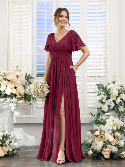 V-Neck A-Line Chiffon Bridesmaid Dress with Side Split and Pockets, Short Sleeves
