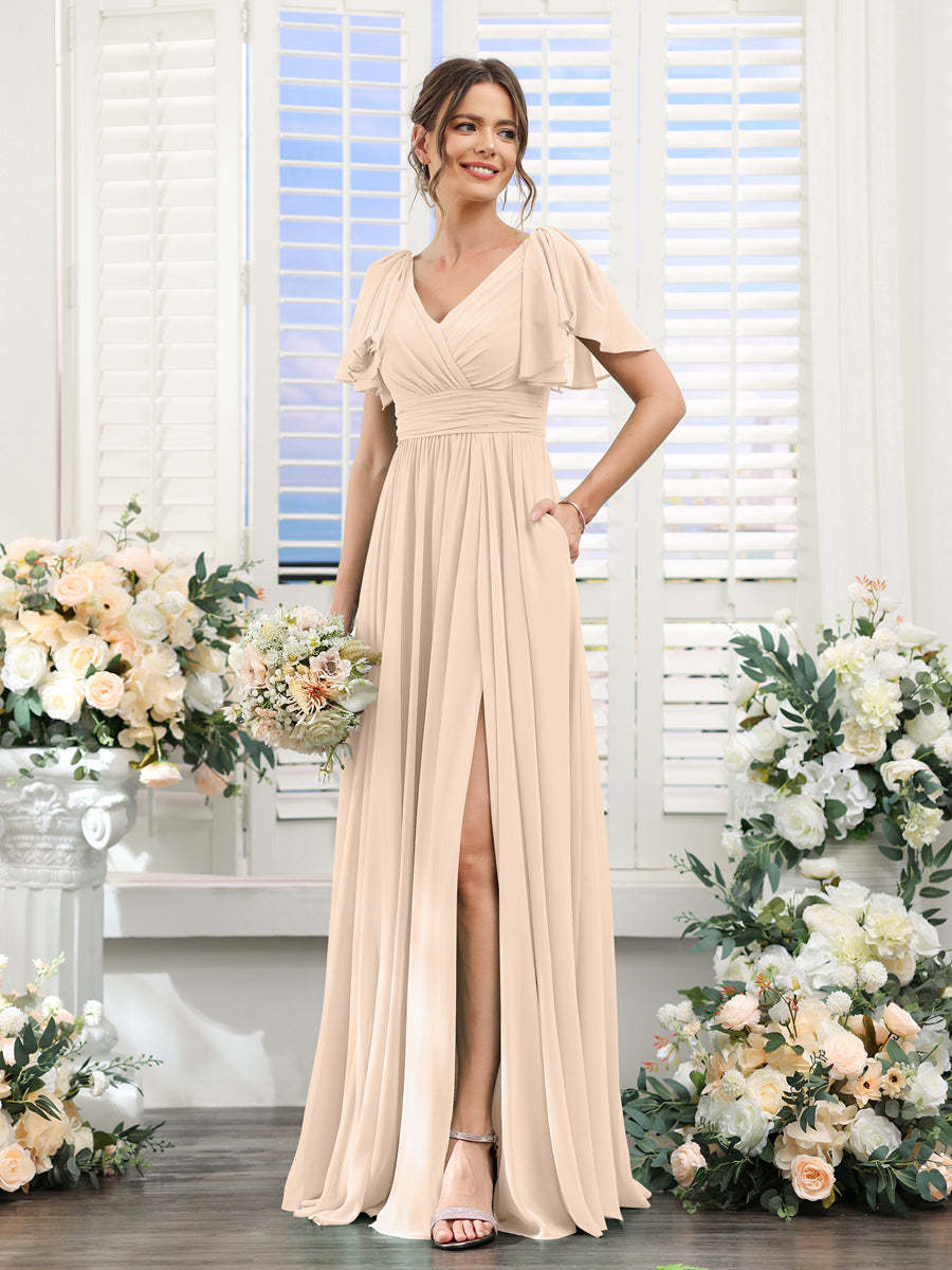 V-Neck A-Line Chiffon Bridesmaid Dress with Side Split and Pockets, Short Sleeves