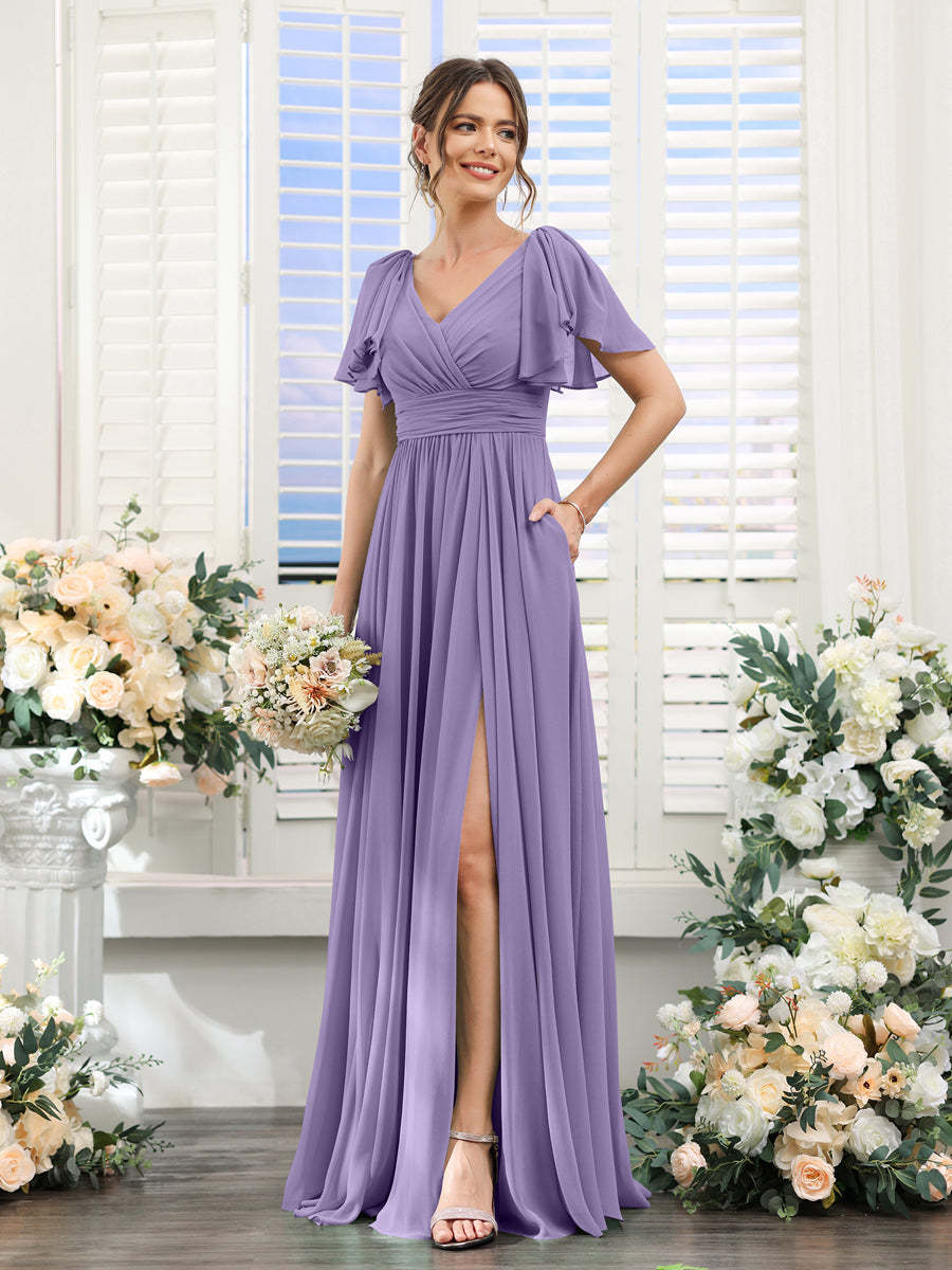 V-Neck A-Line Chiffon Bridesmaid Dress with Side Split and Pockets, Short Sleeves