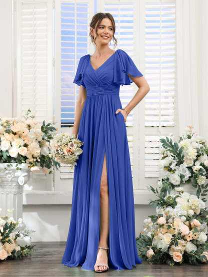 V-Neck A-Line Chiffon Bridesmaid Dress with Side Split and Pockets, Short Sleeves
