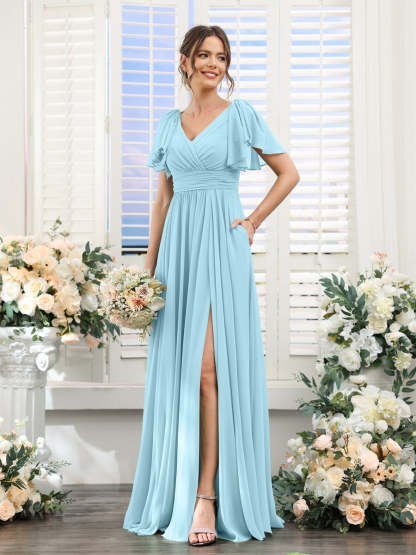 V-Neck A-Line Chiffon Bridesmaid Dress with Side Split and Pockets, Short Sleeves