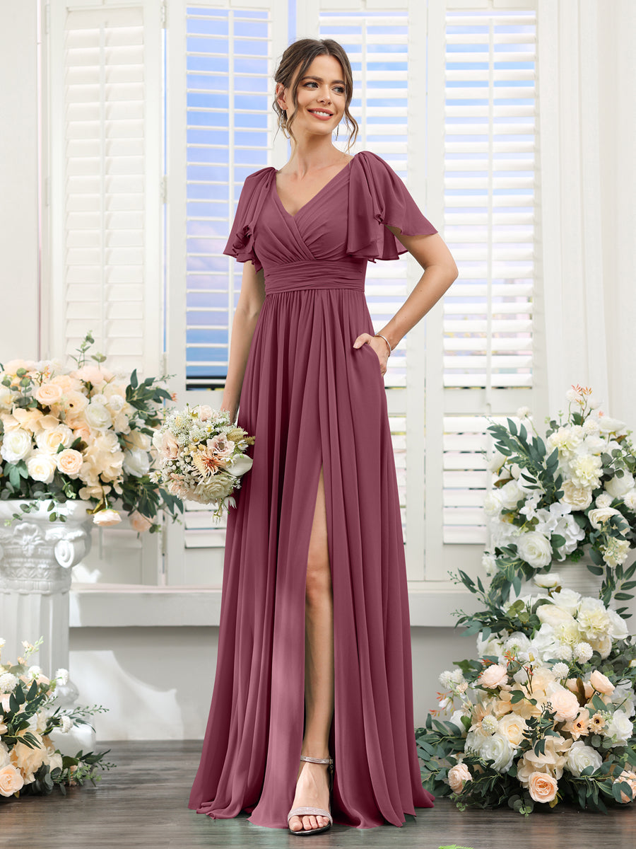 V-Neck A-Line Chiffon Bridesmaid Dress with Side Split and Pockets, Short Sleeves