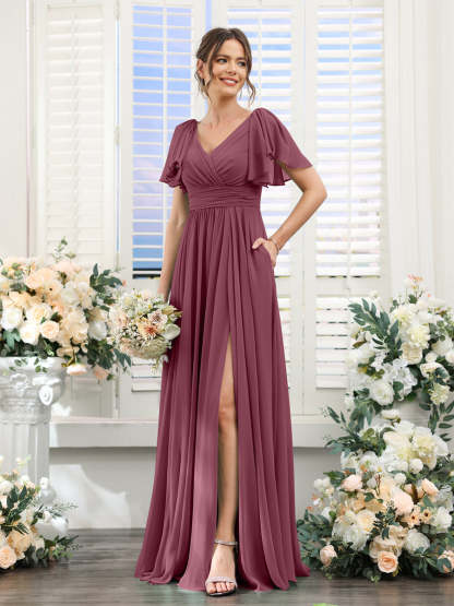 V-Neck A-Line Chiffon Bridesmaid Dress with Side Split and Pockets, Short Sleeves