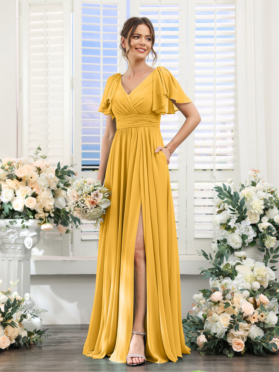 V-Neck A-Line Chiffon Bridesmaid Dress with Side Split and Pockets, Short Sleeves
