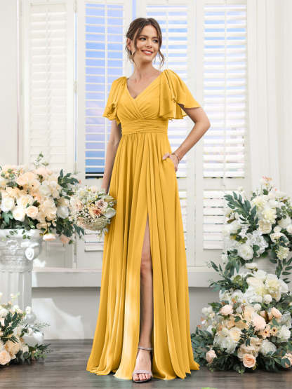 V-Neck A-Line Chiffon Bridesmaid Dress with Side Split and Pockets, Short Sleeves