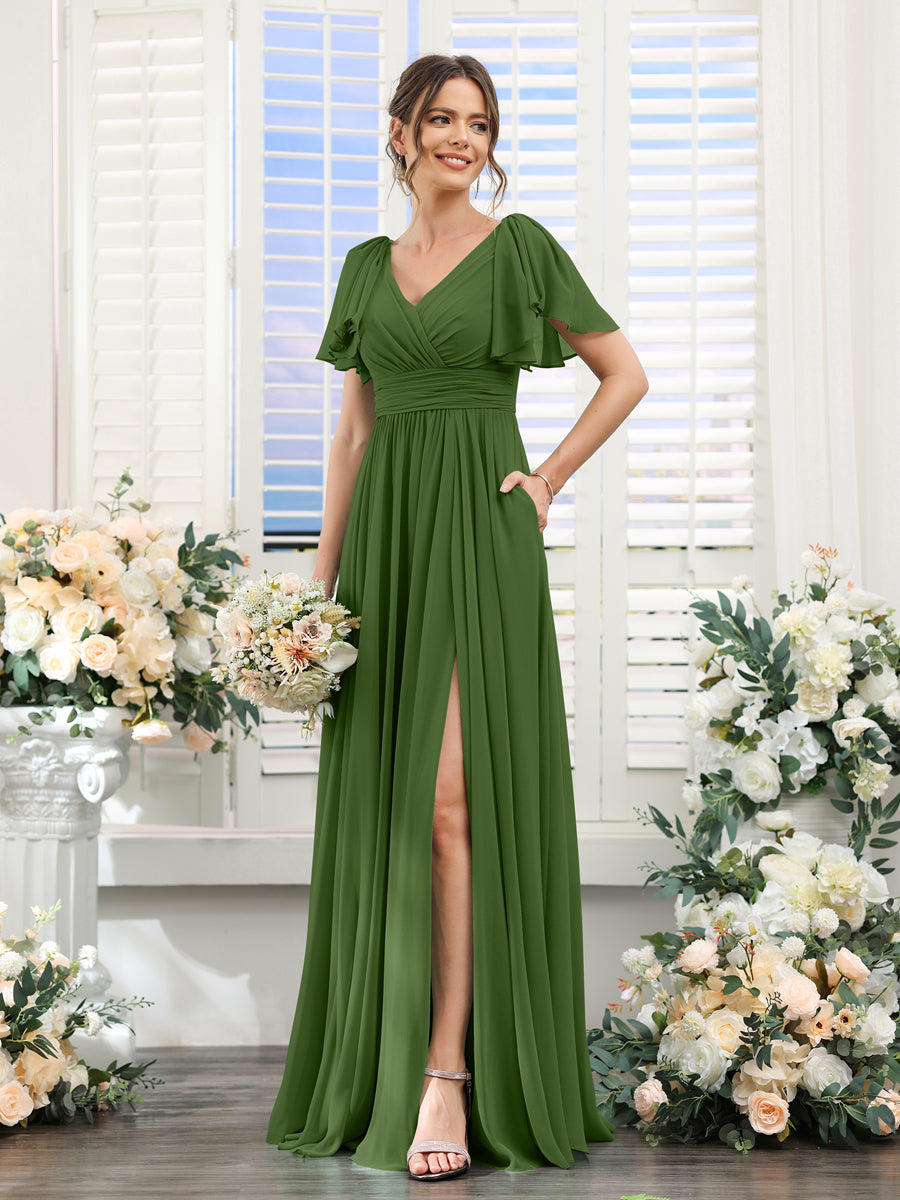 V-Neck A-Line Chiffon Bridesmaid Dress with Side Split and Pockets, Short Sleeves