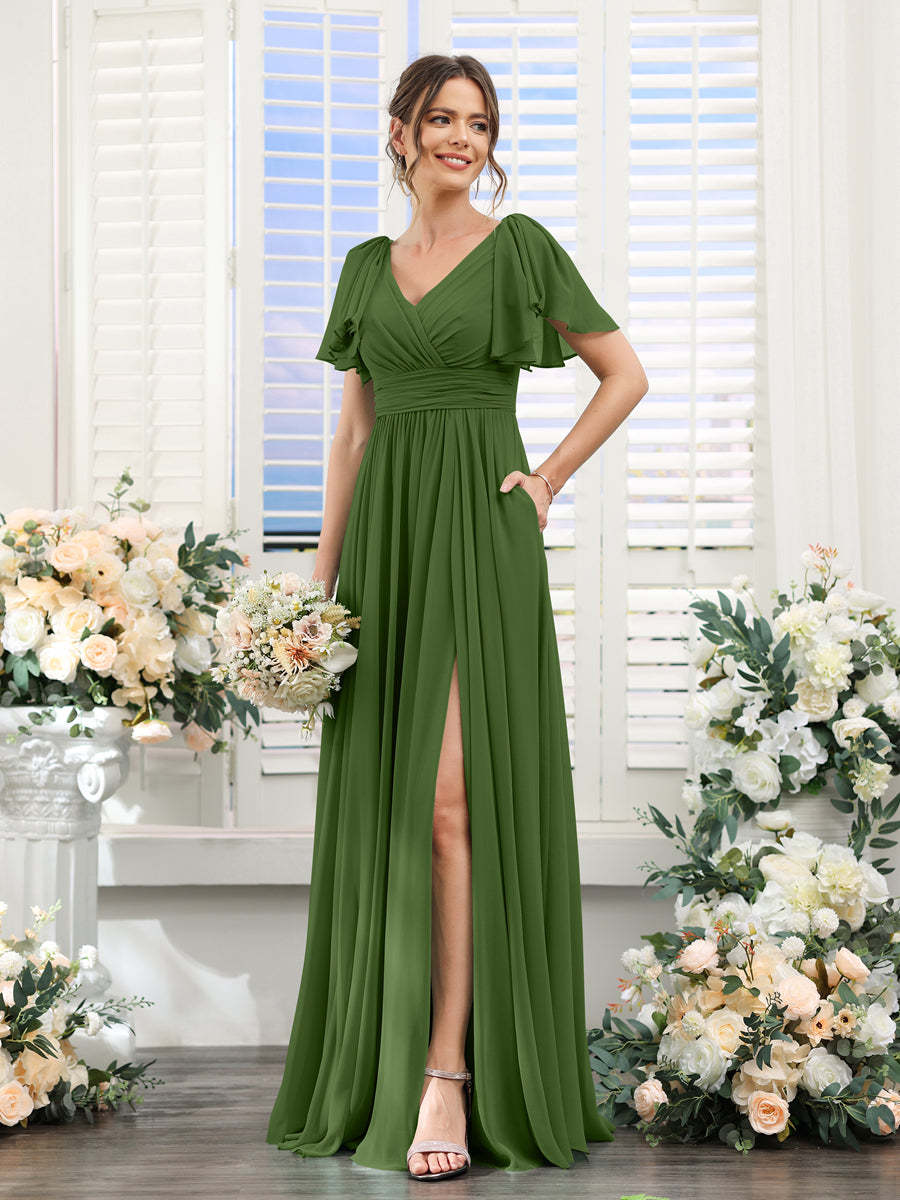 V-Neck A-Line Chiffon Bridesmaid Dress with Side Split and Pockets, Short Sleeves
