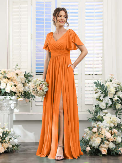 V-Neck A-Line Chiffon Bridesmaid Dress with Side Split and Pockets, Short Sleeves