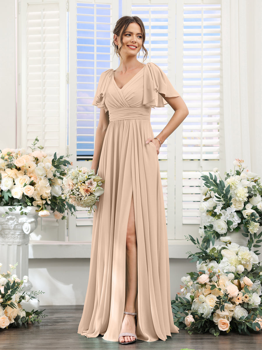 V-Neck A-Line Chiffon Bridesmaid Dress with Side Split and Pockets, Short Sleeves