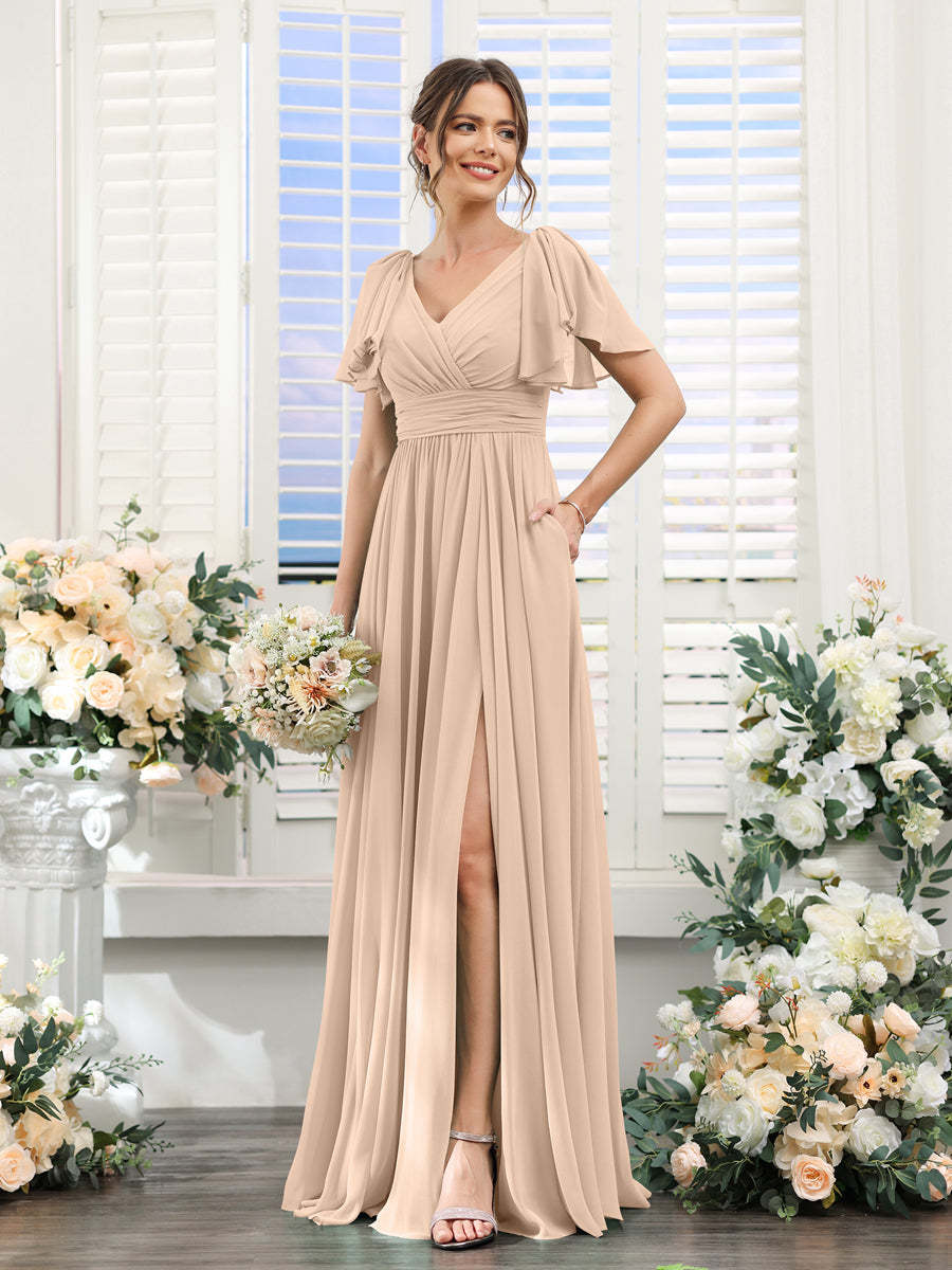 V-Neck A-Line Chiffon Bridesmaid Dress with Side Split and Pockets, Short Sleeves