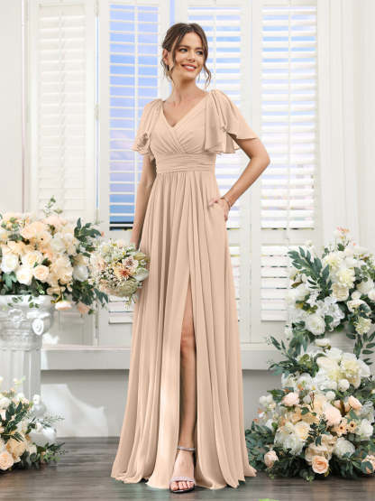 V-Neck A-Line Chiffon Bridesmaid Dress with Side Split and Pockets, Short Sleeves
