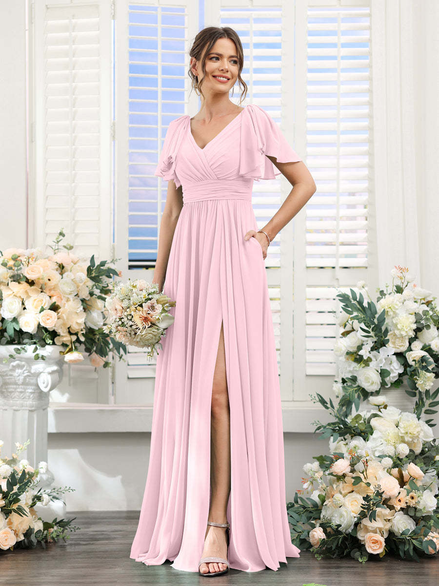 V-Neck A-Line Chiffon Bridesmaid Dress with Side Split and Pockets, Short Sleeves
