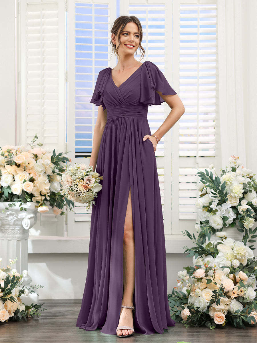 V-Neck A-Line Chiffon Bridesmaid Dress with Side Split and Pockets, Short Sleeves