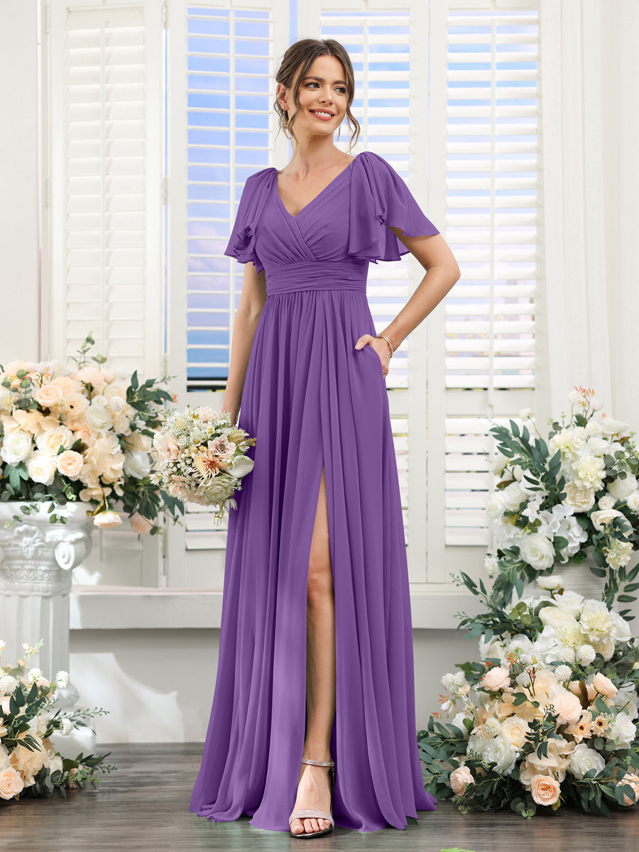 V-Neck A-Line Chiffon Bridesmaid Dress with Side Split and Pockets, Short Sleeves