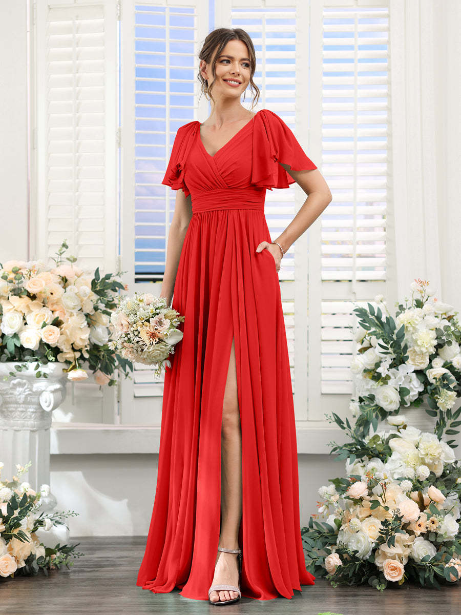 V-Neck A-Line Chiffon Bridesmaid Dress with Side Split and Pockets, Short Sleeves