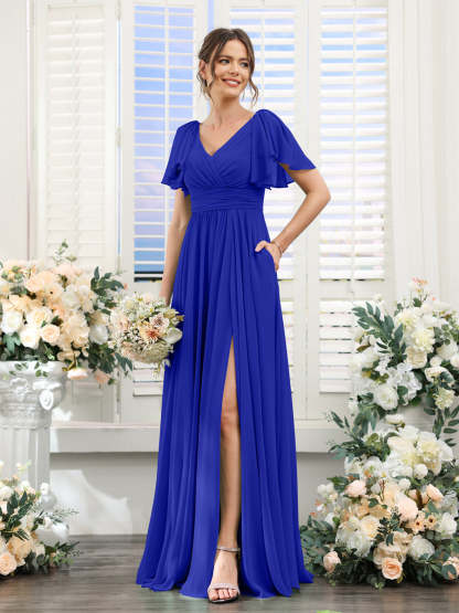 V-Neck A-Line Chiffon Bridesmaid Dress with Side Split and Pockets, Short Sleeves
