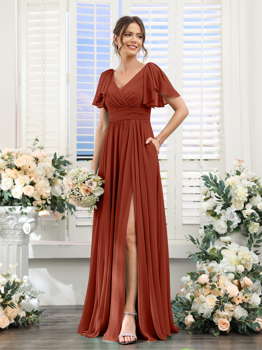 V-Neck A-Line Chiffon Bridesmaid Dress with Side Split and Pockets, Short Sleeves