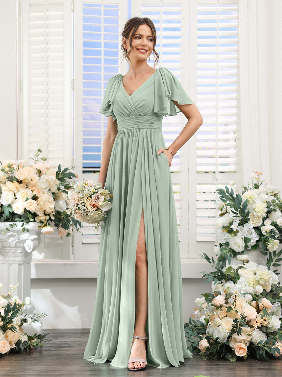 V-Neck A-Line Chiffon Bridesmaid Dress with Side Split and Pockets, Short Sleeves
