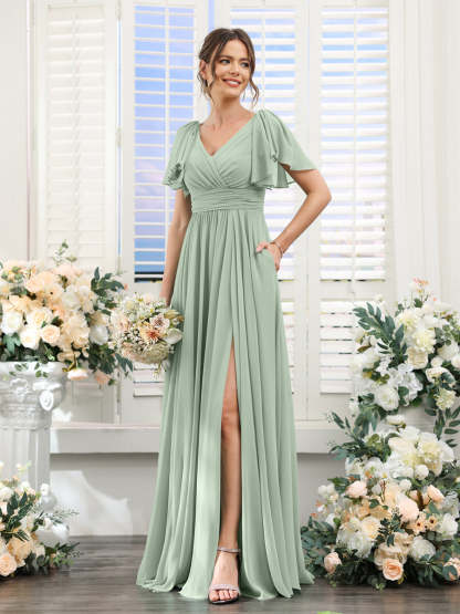 V-Neck A-Line Chiffon Bridesmaid Dress with Side Split and Pockets, Short Sleeves