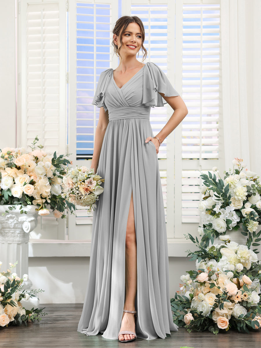 V-Neck A-Line Chiffon Bridesmaid Dress with Side Split and Pockets, Short Sleeves