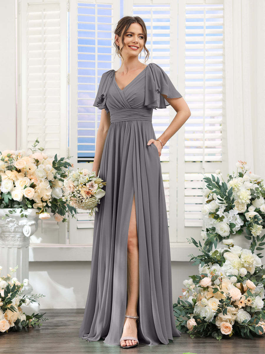 V-Neck A-Line Chiffon Bridesmaid Dress with Side Split and Pockets, Short Sleeves