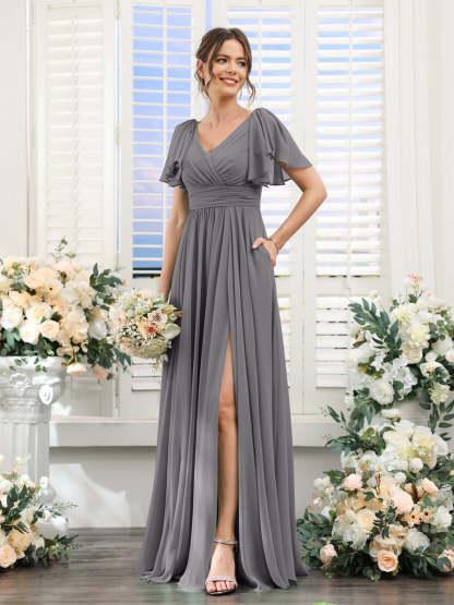 V-Neck A-Line Chiffon Bridesmaid Dress with Side Split and Pockets, Short Sleeves
