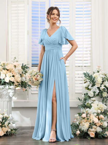 V-Neck A-Line Chiffon Bridesmaid Dress with Side Split and Pockets, Short Sleeves