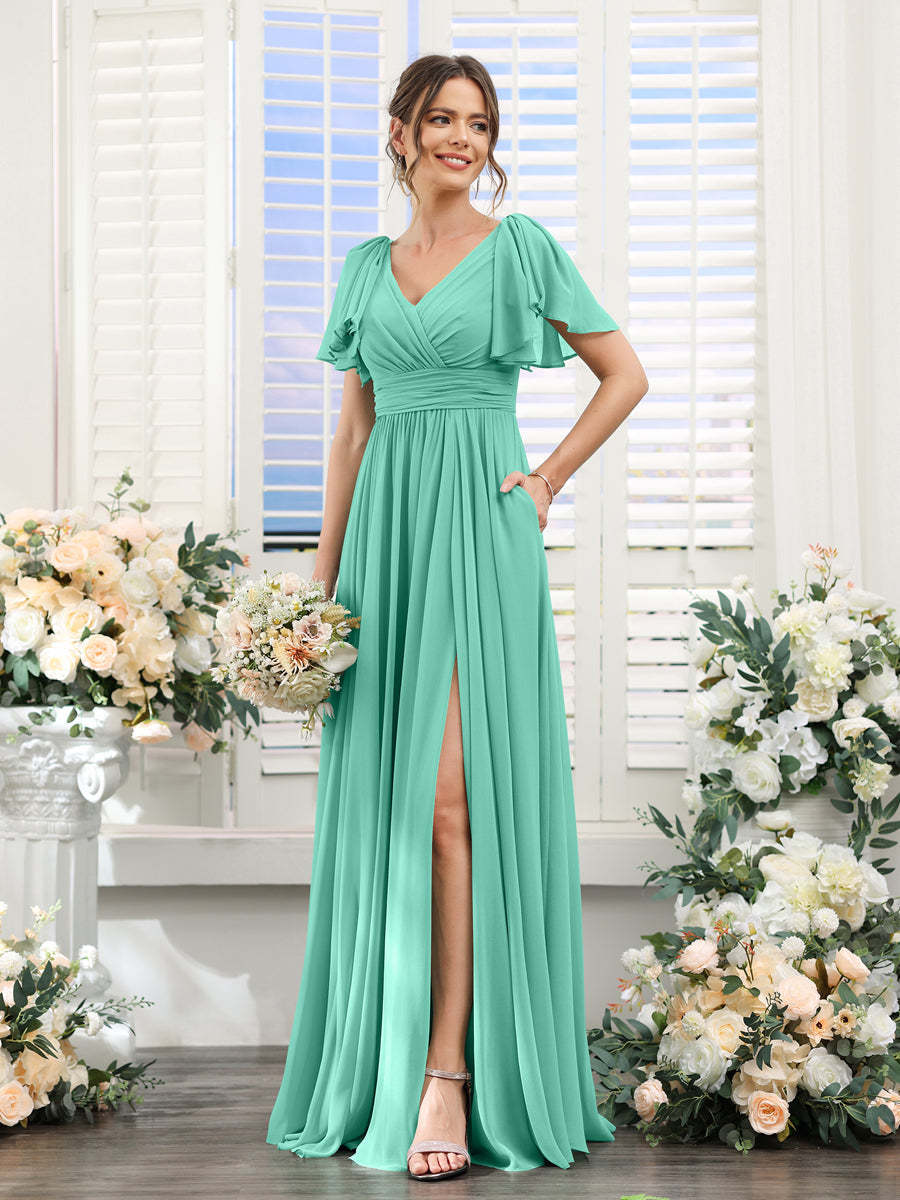 V-Neck A-Line Chiffon Bridesmaid Dress with Side Split and Pockets, Short Sleeves
