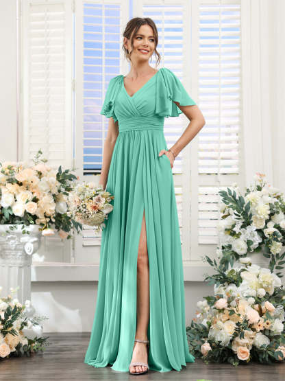 V-Neck A-Line Chiffon Bridesmaid Dress with Side Split and Pockets, Short Sleeves