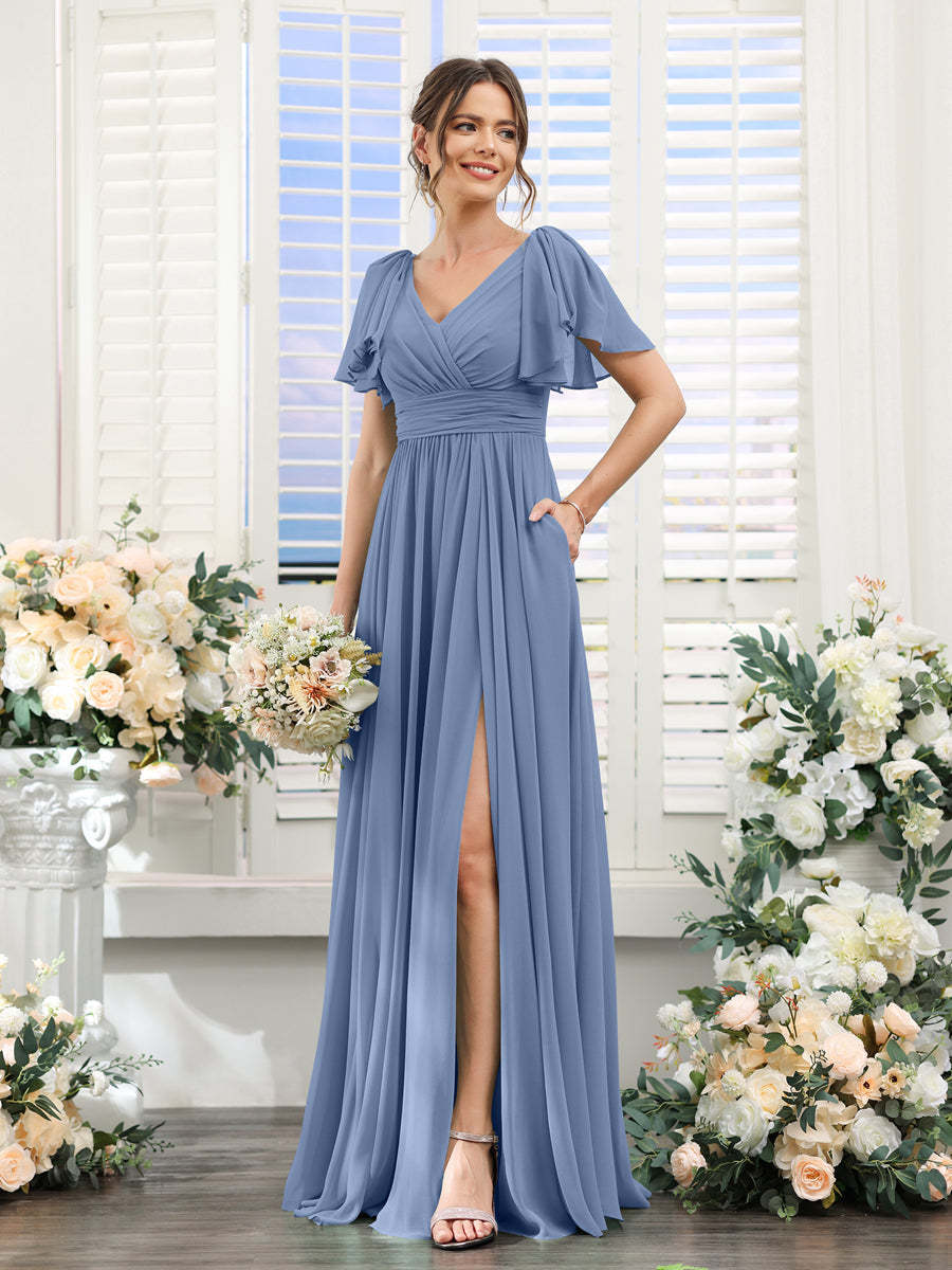 V-Neck A-Line Chiffon Bridesmaid Dress with Side Split and Pockets, Short Sleeves