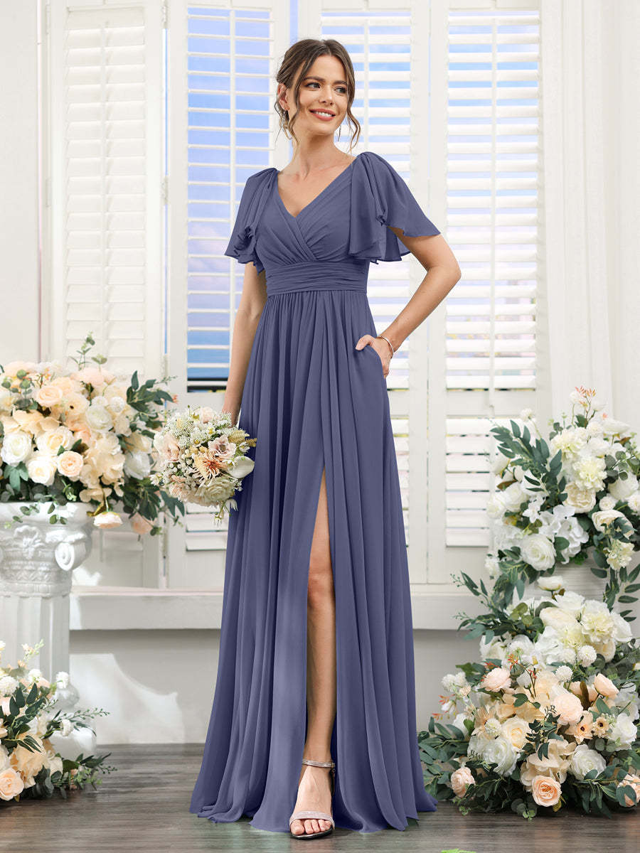 V-Neck A-Line Chiffon Bridesmaid Dress with Side Split and Pockets, Short Sleeves