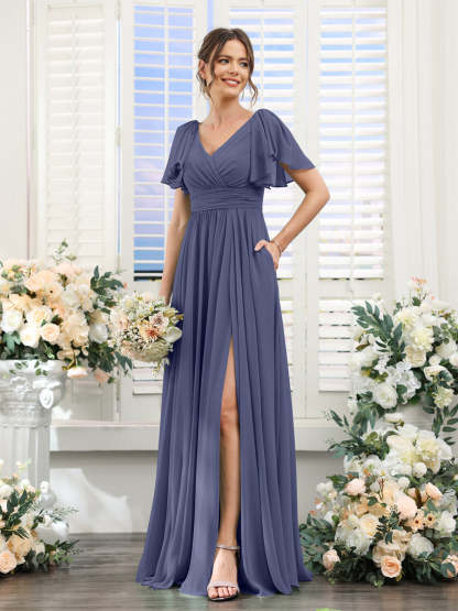V-Neck A-Line Chiffon Bridesmaid Dress with Side Split and Pockets, Short Sleeves