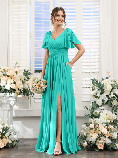 V-Neck A-Line Chiffon Bridesmaid Dress with Side Split and Pockets, Short Sleeves