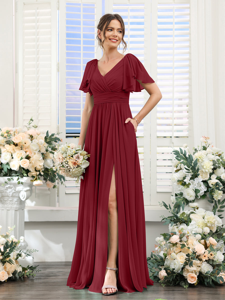 V-Neck A-Line Chiffon Bridesmaid Dress with Side Split and Pockets, Short Sleeves