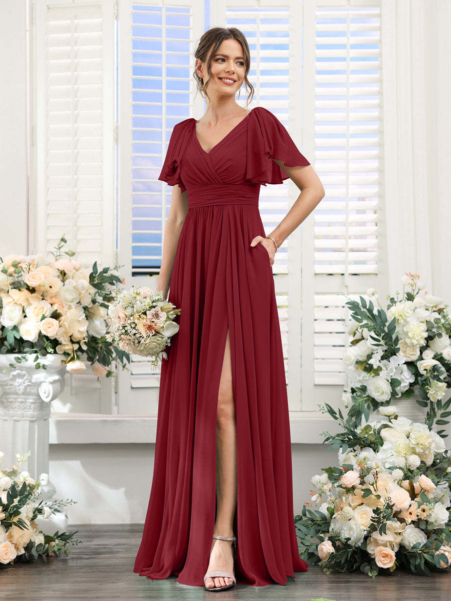 V-Neck A-Line Chiffon Bridesmaid Dress with Side Split and Pockets, Short Sleeves
