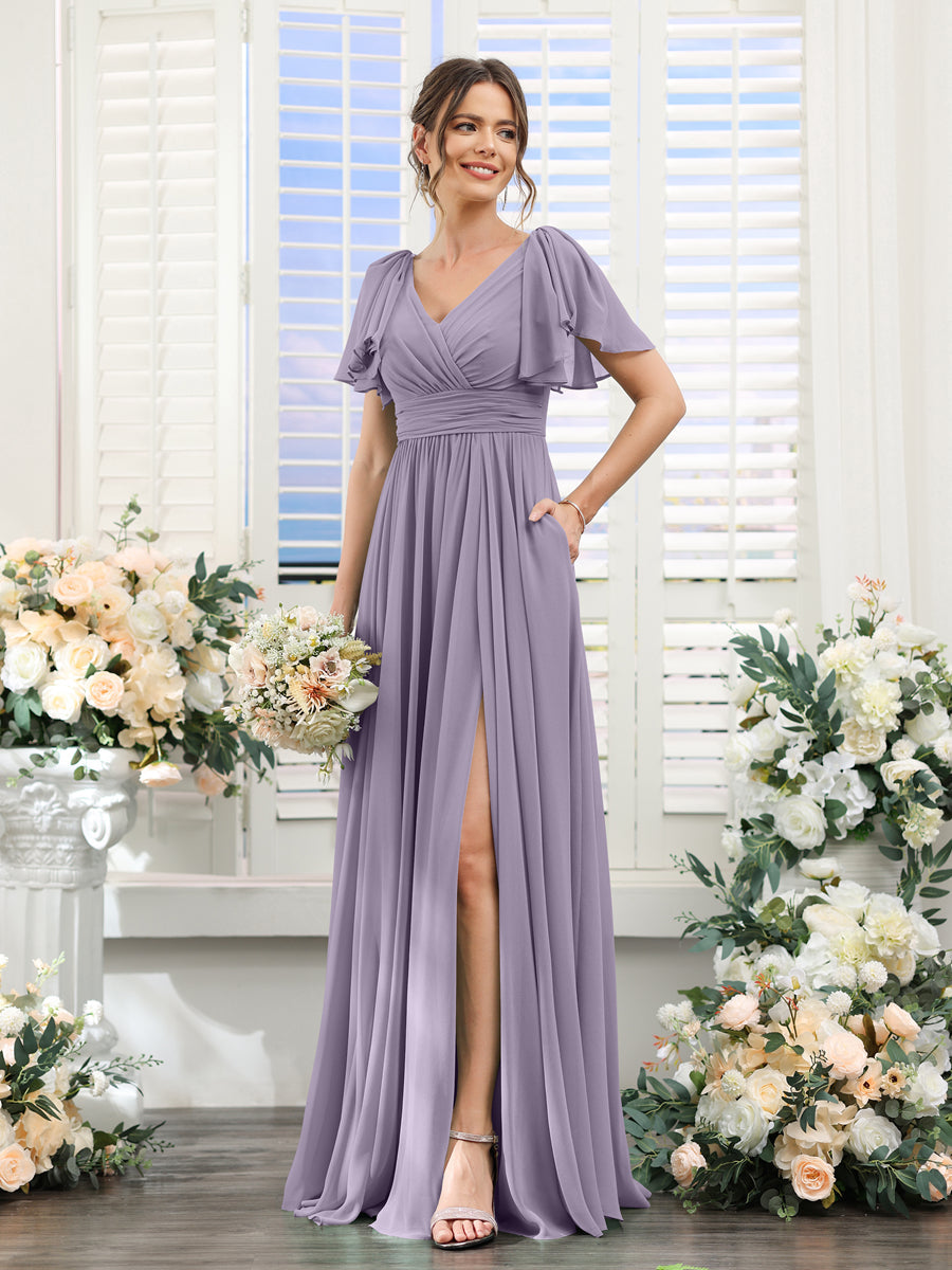 V-Neck A-Line Chiffon Bridesmaid Dress with Side Split and Pockets, Short Sleeves