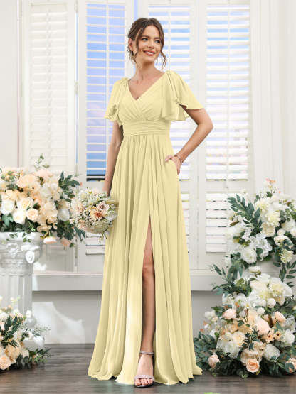 V-Neck A-Line Chiffon Bridesmaid Dress with Side Split and Pockets, Short Sleeves