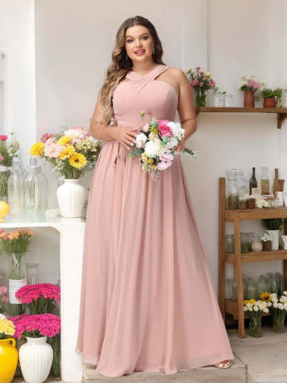Sleeveless Plus Size Chiffon Bridesmaid Dress with Sash in A-Line/Princess Criss Cross Styles