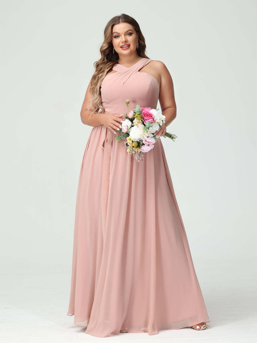 Sleeveless Plus Size Chiffon Bridesmaid Dress with Sash in A-Line/Princess Criss Cross Styles