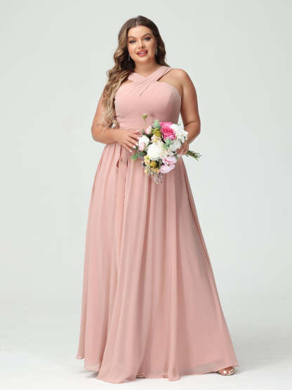 Sleeveless Plus Size Chiffon Bridesmaid Dress with Sash in A-Line/Princess Criss Cross Styles